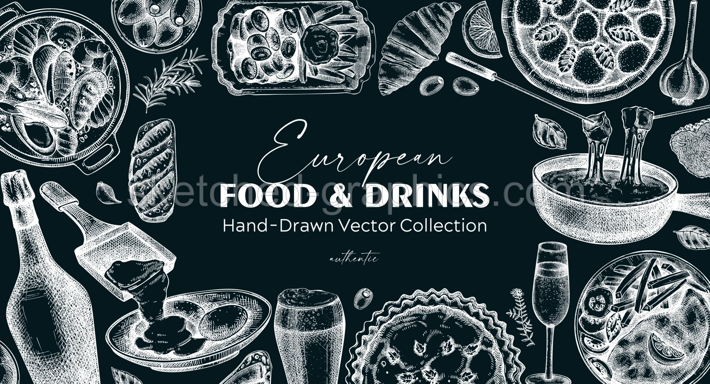 European food background. Traditional Europe cusine. Hand drawn vector illustration on chalkboard. Perfect restaurant menu, packaging, or prints. NOT AI generated Illustration